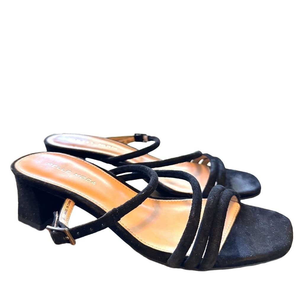 Pelle Moda Block Heel Sandals 7 Strappy Casual Wedding Evening Chic Suede Black